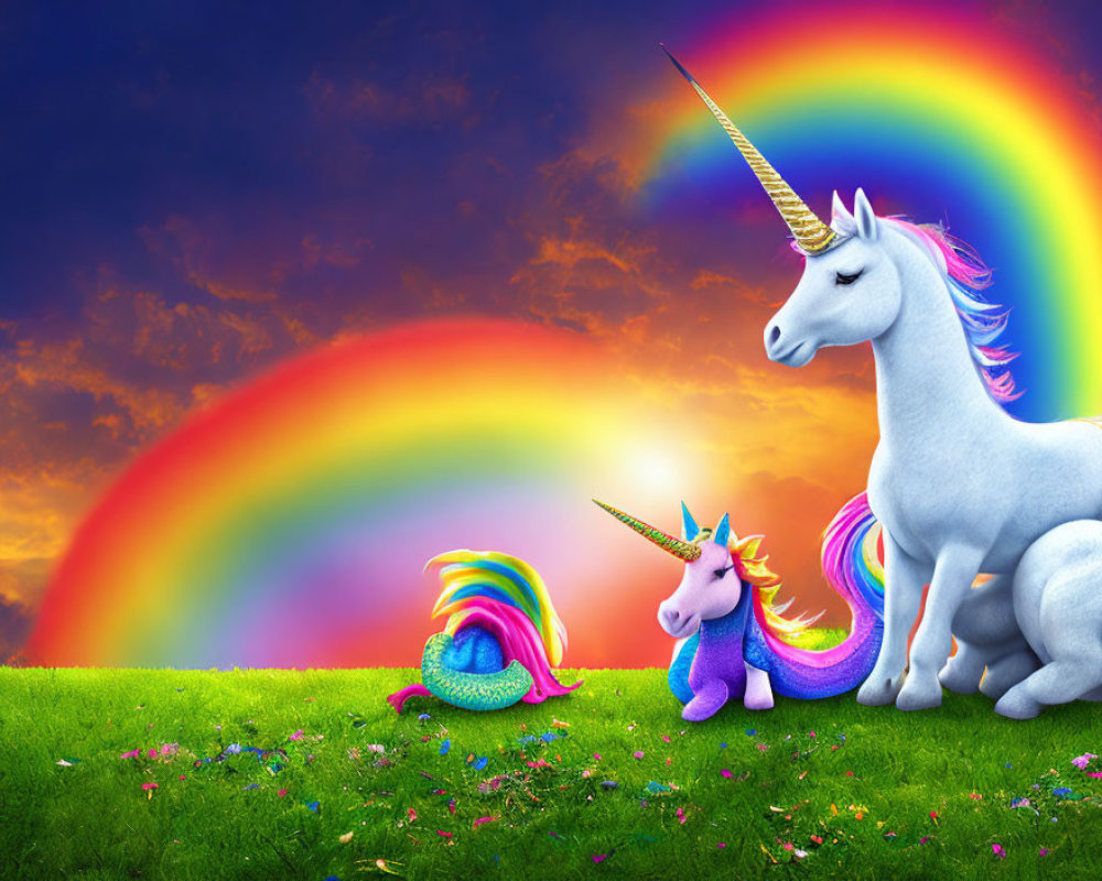 Fantasy scene with unicorns, dragon, rainbow, and grassy field