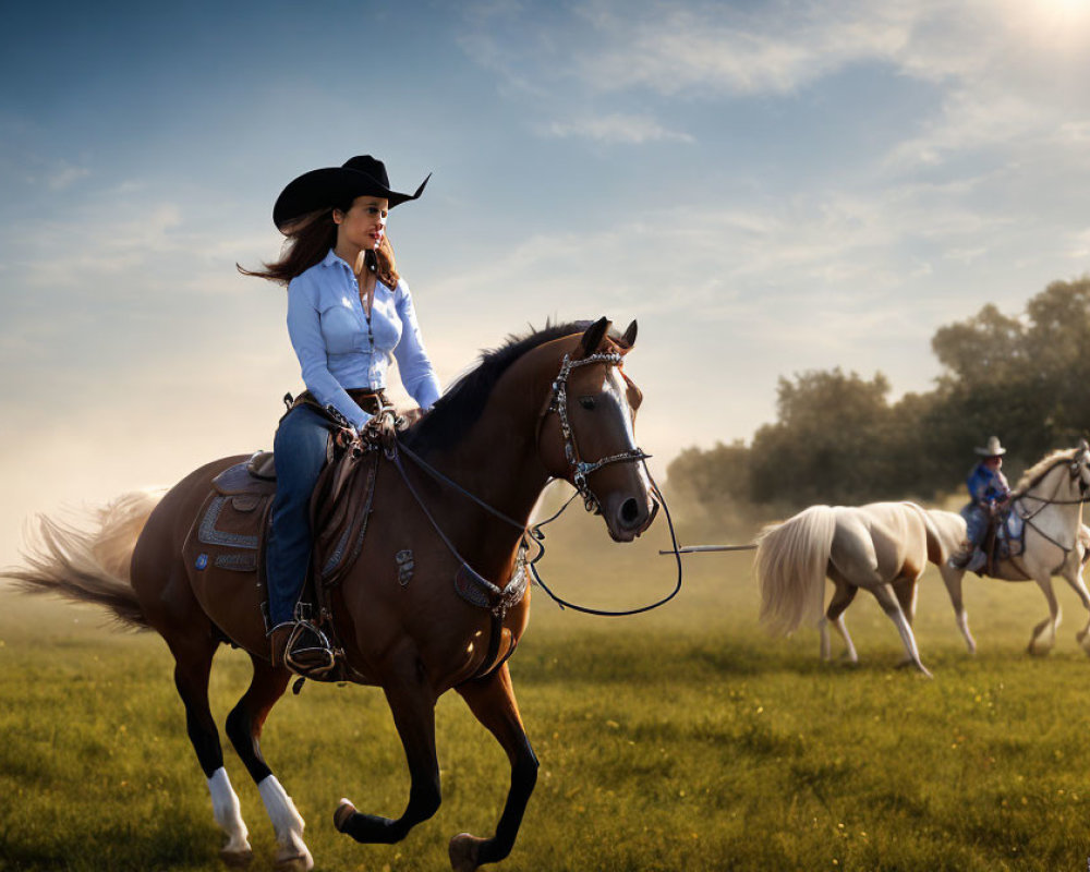 Cowboy-hatted woman riding brown horse in sunny field with another rider.