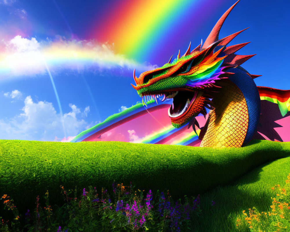 Colorful dragon with open jaws on grassy knoll under rainbow sky