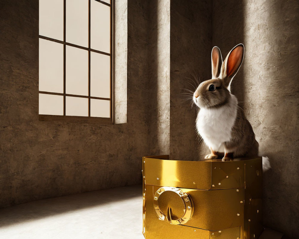 Rabbit on closed golden chest in concrete room with window shadow