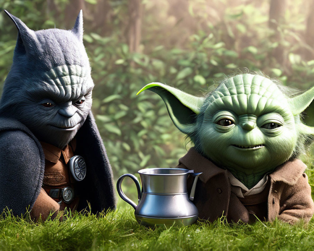 Animated characters resembling Yoda and a Wookiee sitting in lush forest with metal cup