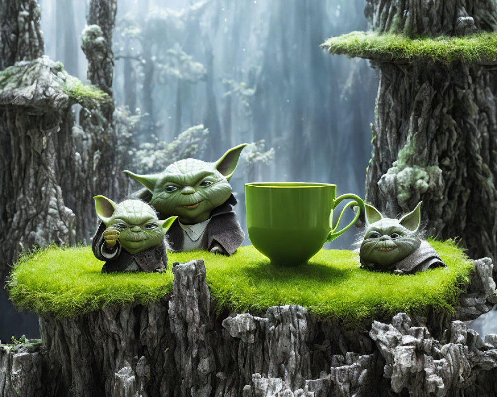 Three Yoda figures with various expressions beside a green cup on mossy stump, waterfall backdrop