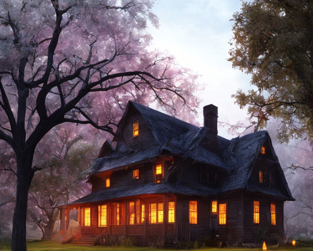Cozy two-story wooden house with glowing windows amidst pink-flowered trees at dusk