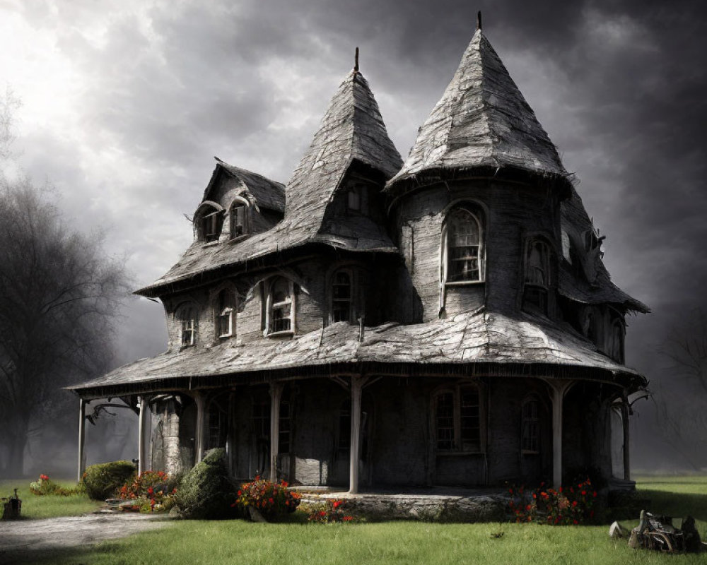 Dilapidated Victorian house with twin turrets in eerie setting