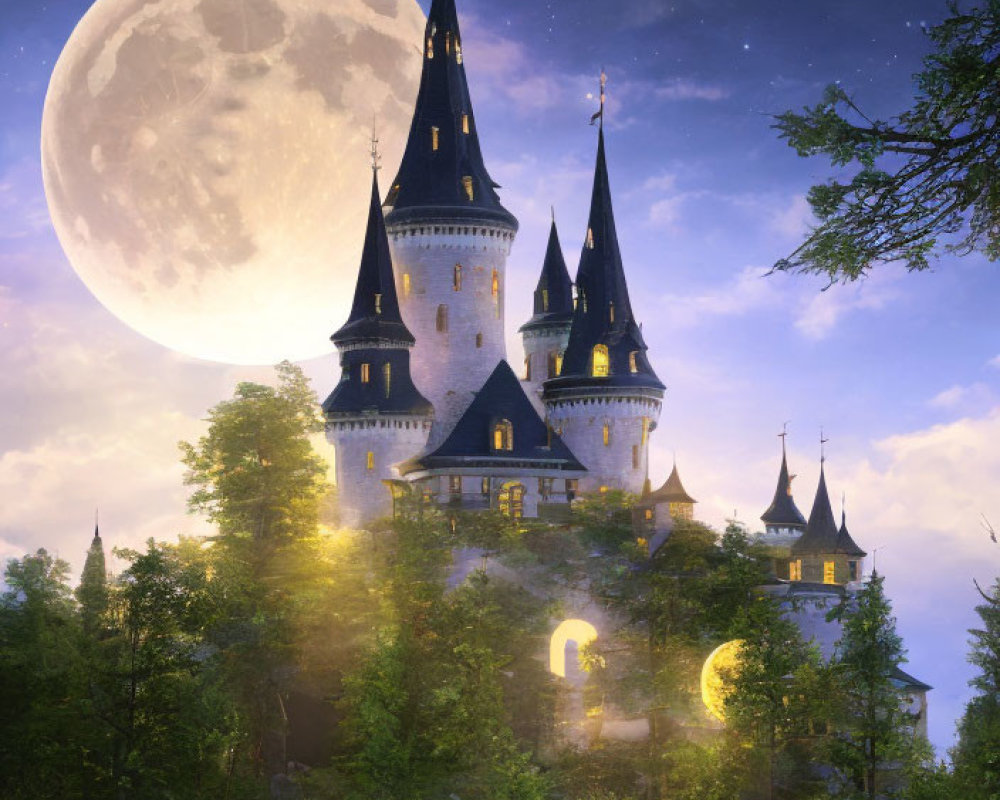 Castle on Forested Hill under Starry Night Sky with Full Moon
