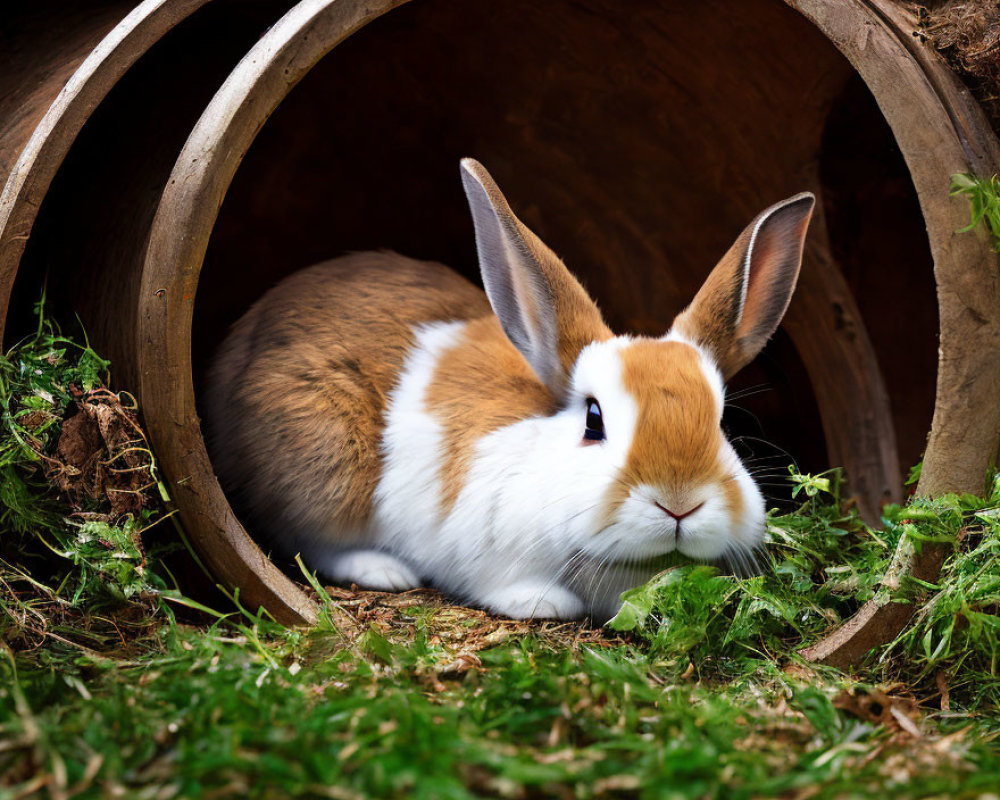 Brown and White Rabbit Resting in Wooden Log on Green Grass
