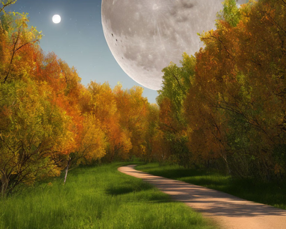 Forest Path with Autumn Trees Under Night Sky and Oversized Moon