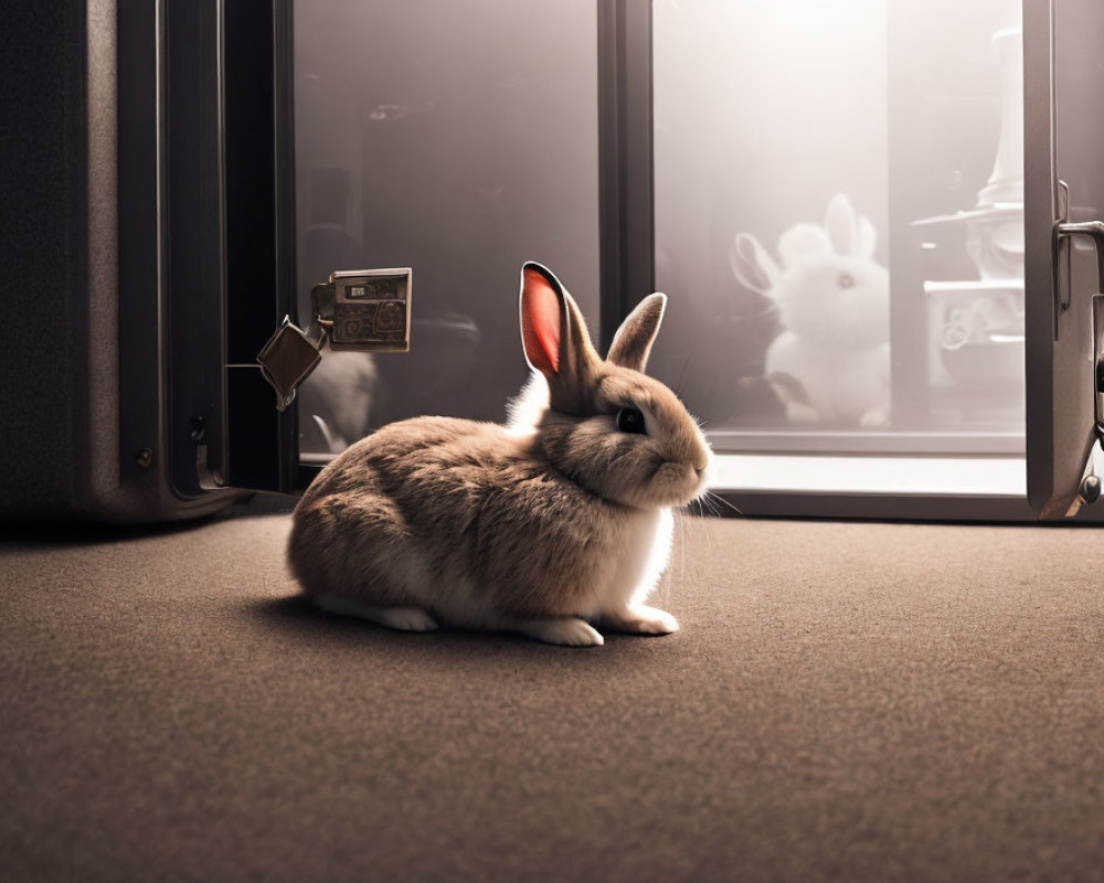 Brown and White Rabbit Sitting Near Open Suitcase on Carpeted Floor