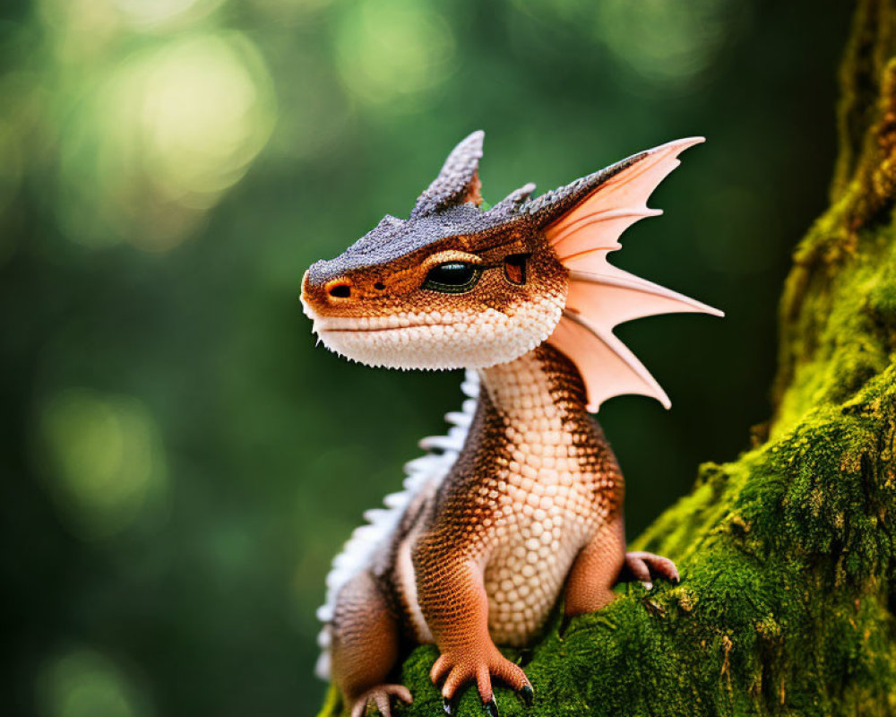 Detailed Toy Dragon Perched on Mossy Branch in Blurred Forest Setting