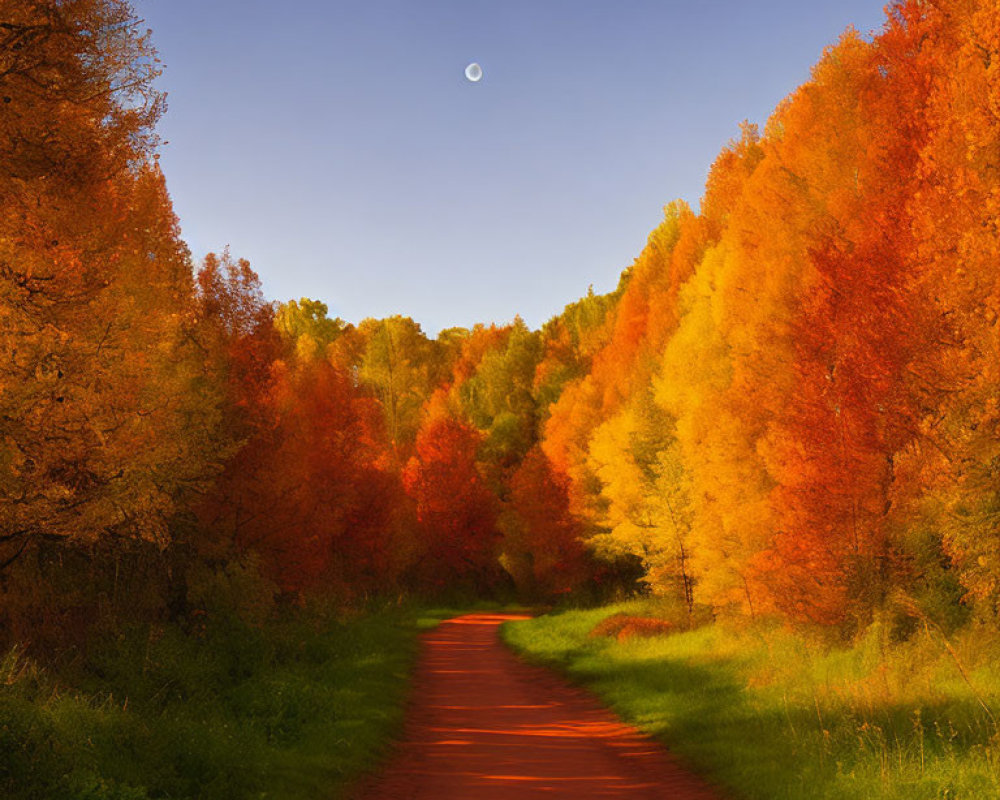 Tranquil autumn landscape with red dirt path and colorful trees