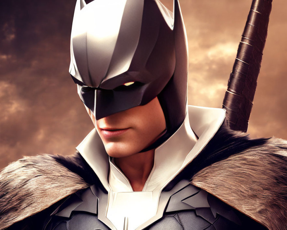 Stylized Batman costume close-up against dramatic sky