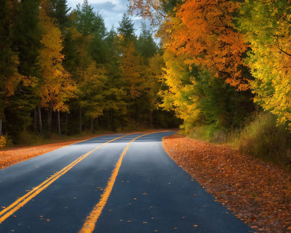 Scenic autumn road with vibrant foliage and fallen leaves