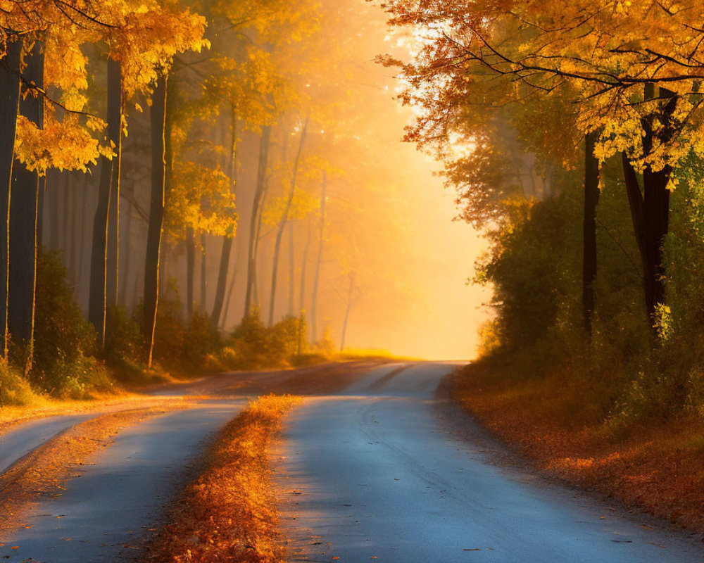 Autumn Scene: Winding Road with Golden Leaves and Sunlight