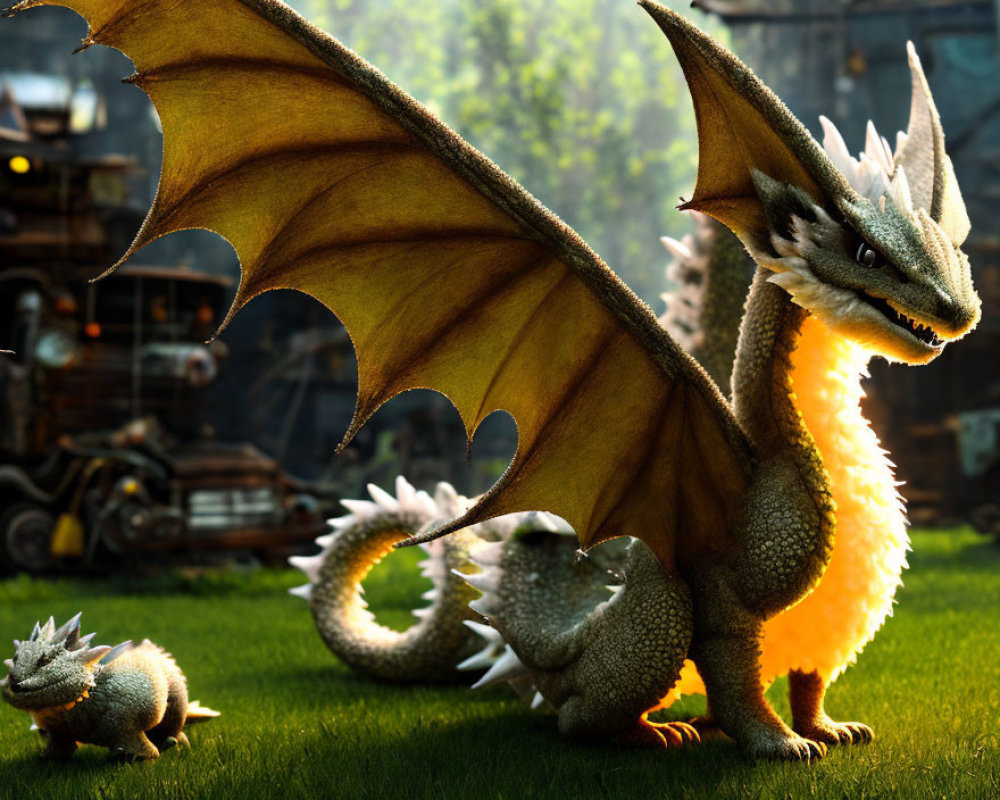 Three dragons in fantasy scene with industrial machinery background
