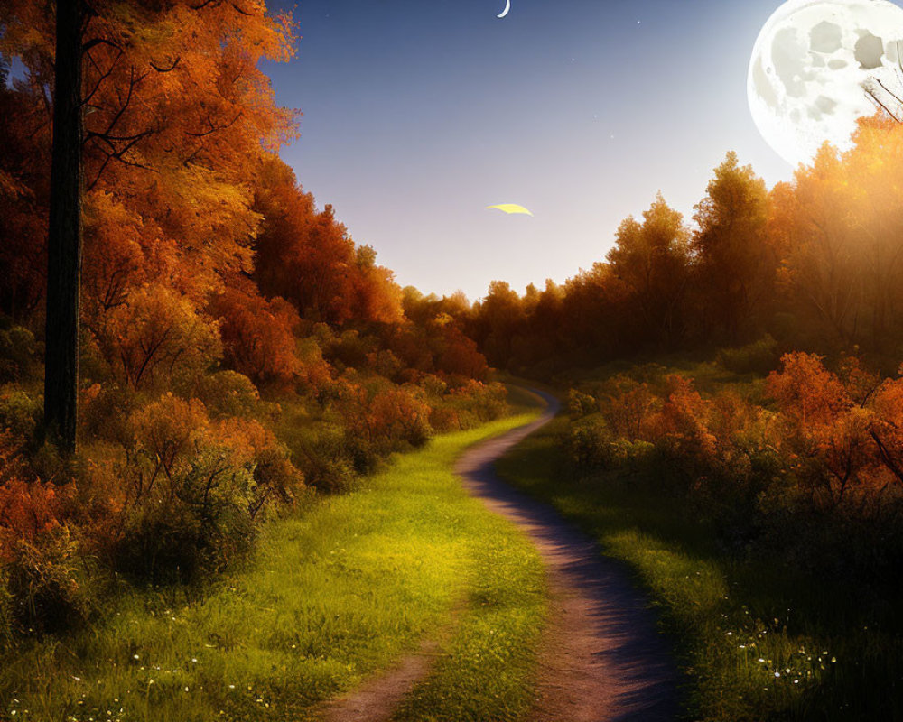 Autumn forest path under moonlit sky at twilight