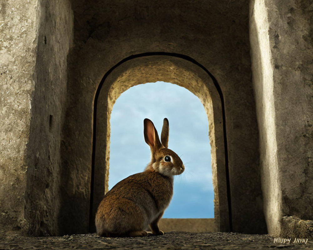 Brown rabbit in stone doorway against blue sky with clouds