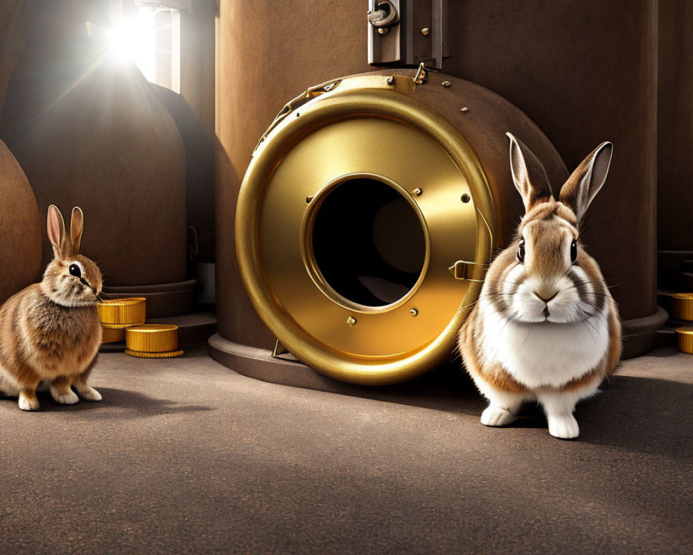 Two rabbits in a room with gold vault, sunlight, and coins.