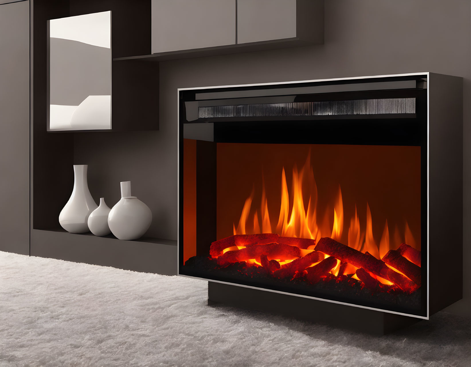 Contemporary Electric Fireplace with Orange Flames in Black Unit