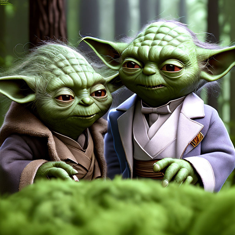 Two Yoda-like characters in brown and beige robes in a forest setting.