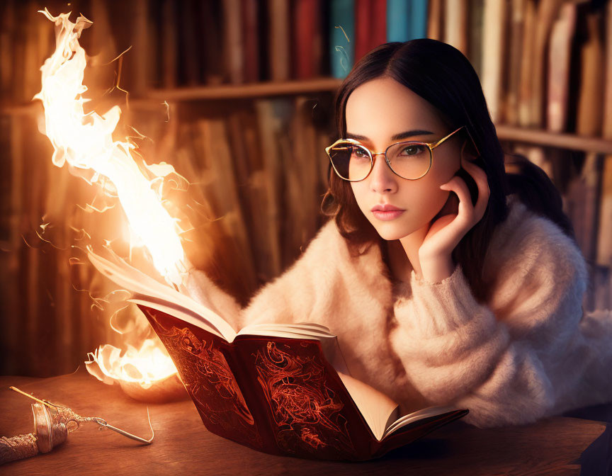 Woman in glasses reads glowing magical book with quill on table, surrounded by book-filled shelves.