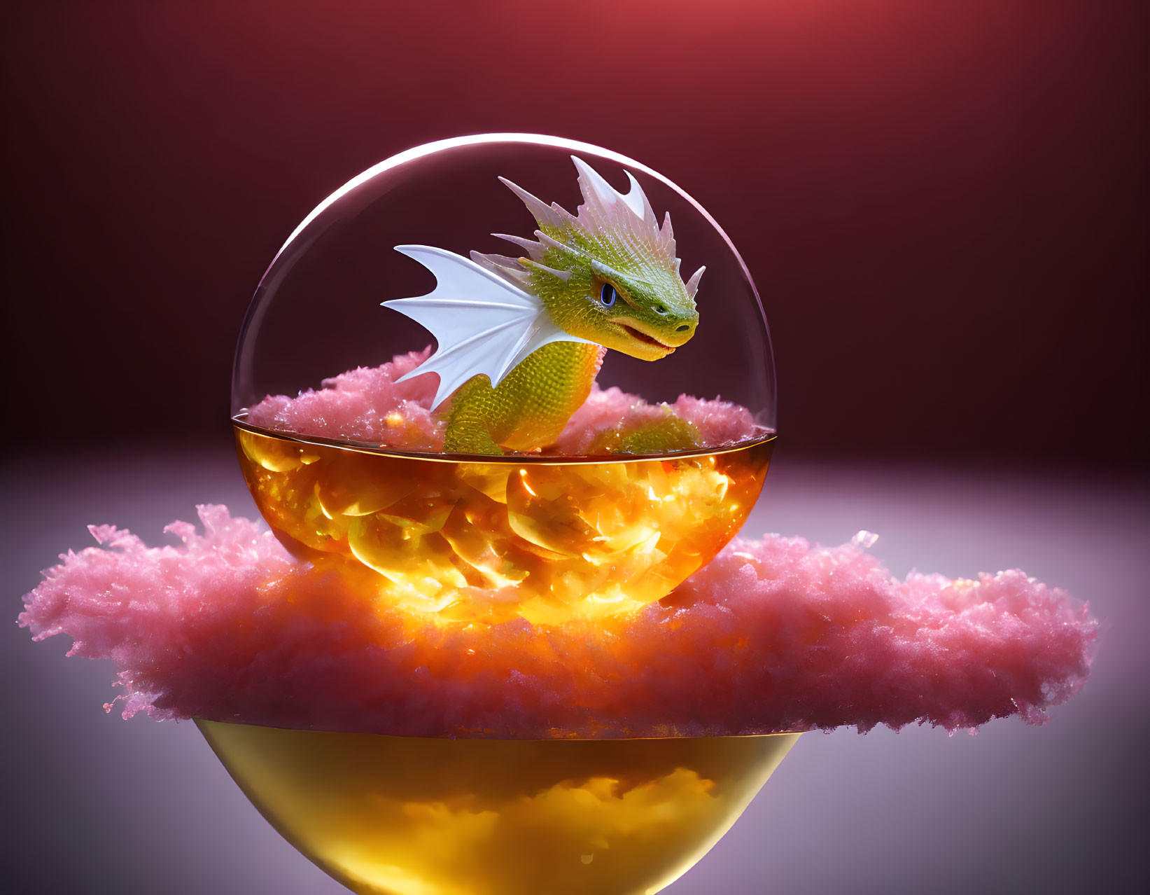 Green Dragon Hatchling in Transparent Sphere on Pink Clouds with Golden Glow on Red Background