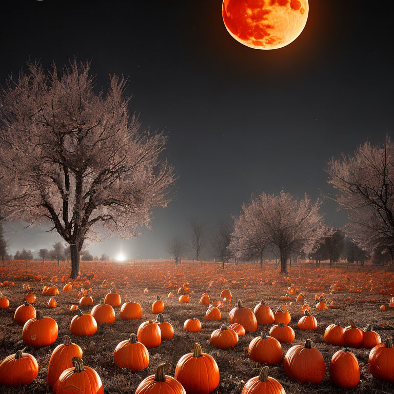 Pumpkin Patch Night Scene with Red Moon