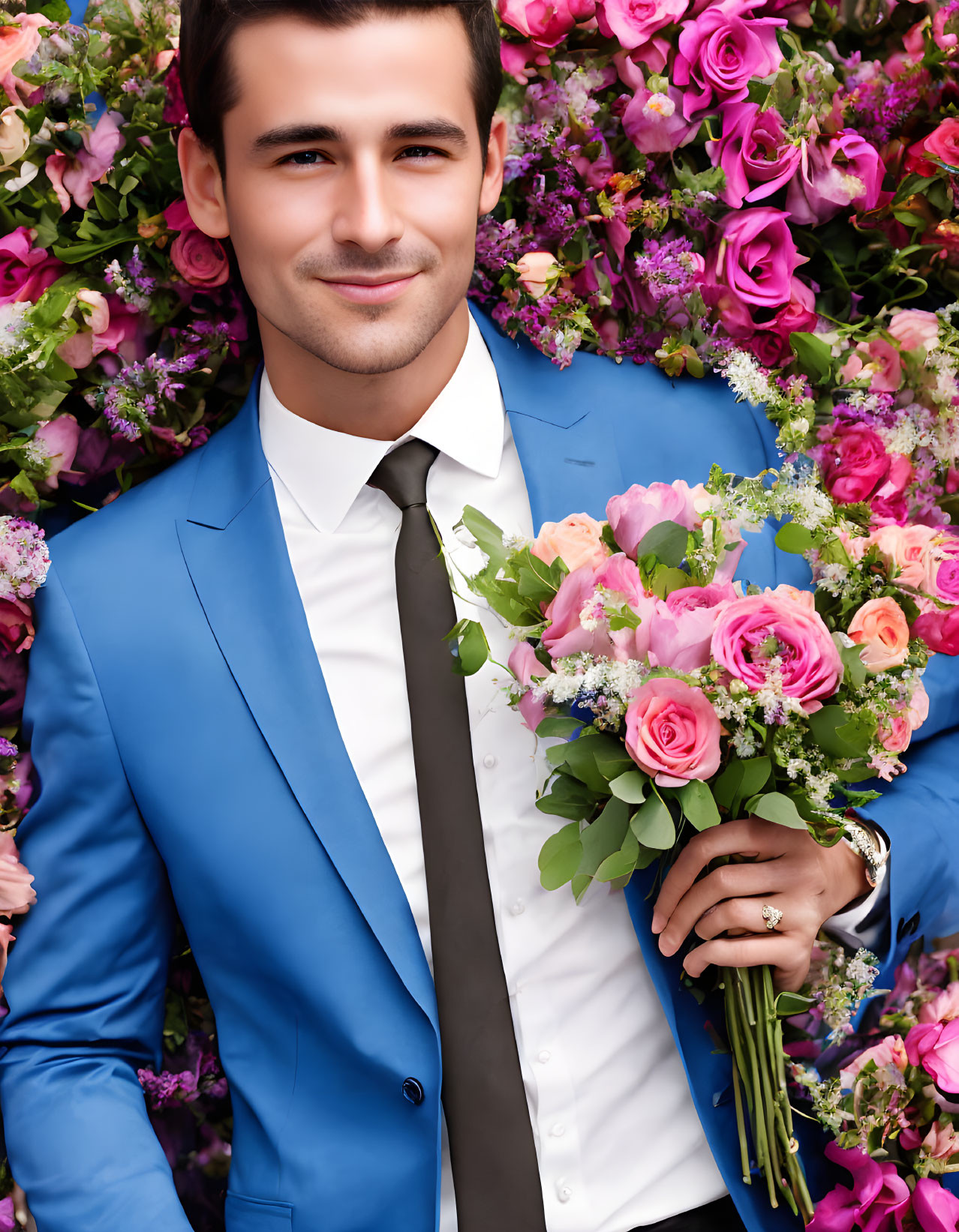 Man in Blue Suit Holding Bouquet Surrounded by Vibrant Pink and Purple Flowers