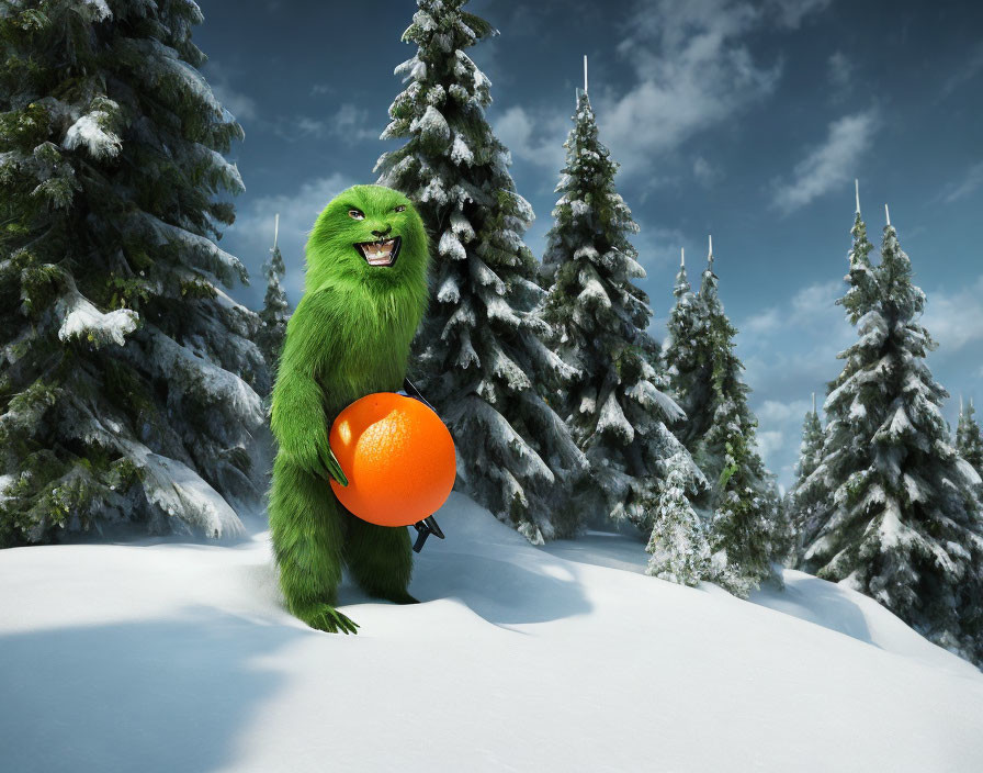Green furry creature with orange ball in snowy forest with pine trees under blue sky