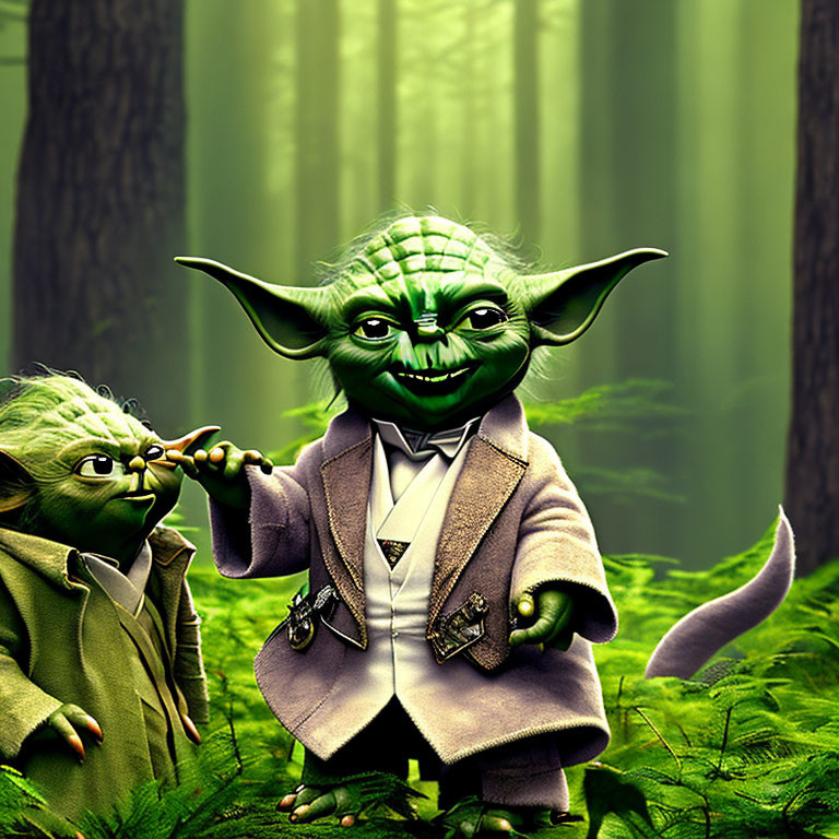 Miniature and large Yoda figures in forest setting, one cheerful, the other mischievous.