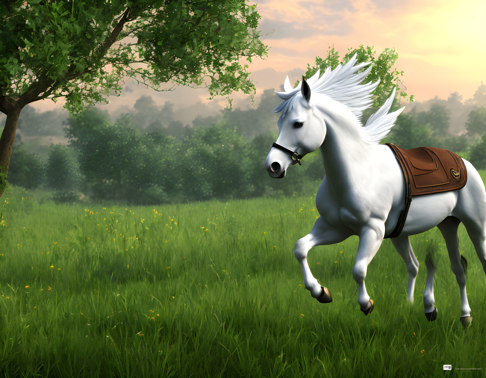 White Horse Galloping in Meadow with Brown Saddle, Yellow Wildflowers, and Large Tree