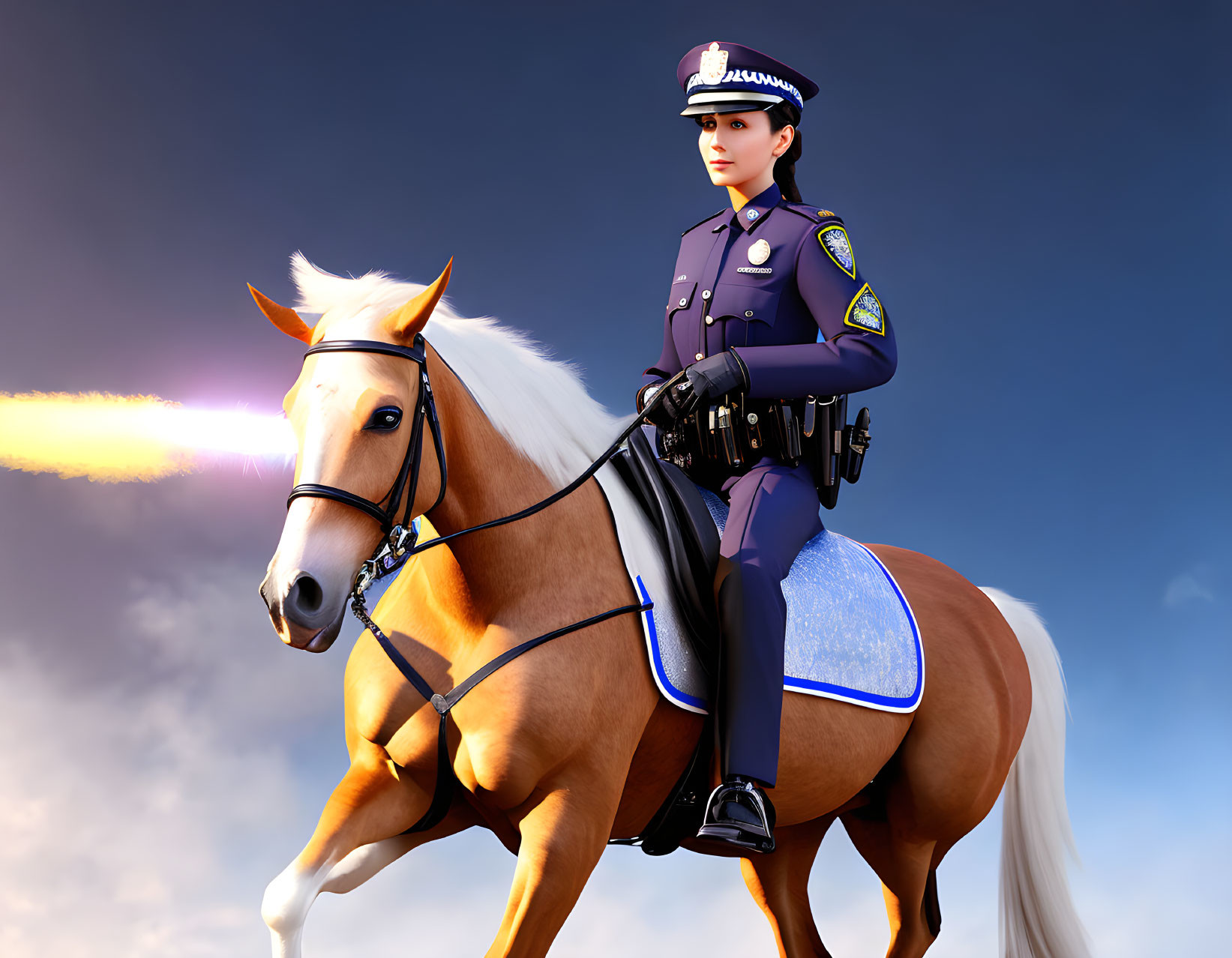 Stylized female police officer on horse with fantastical light beam