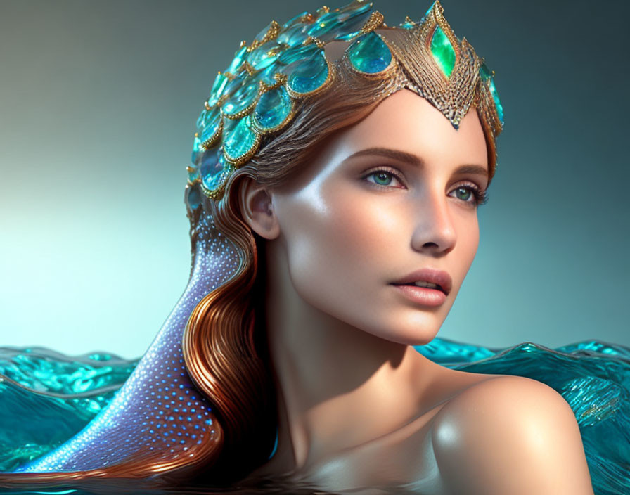 Woman with Golden Crown and Aqua Gems, Wearing Blue-Green Fabric, Fish-Like Shimmer