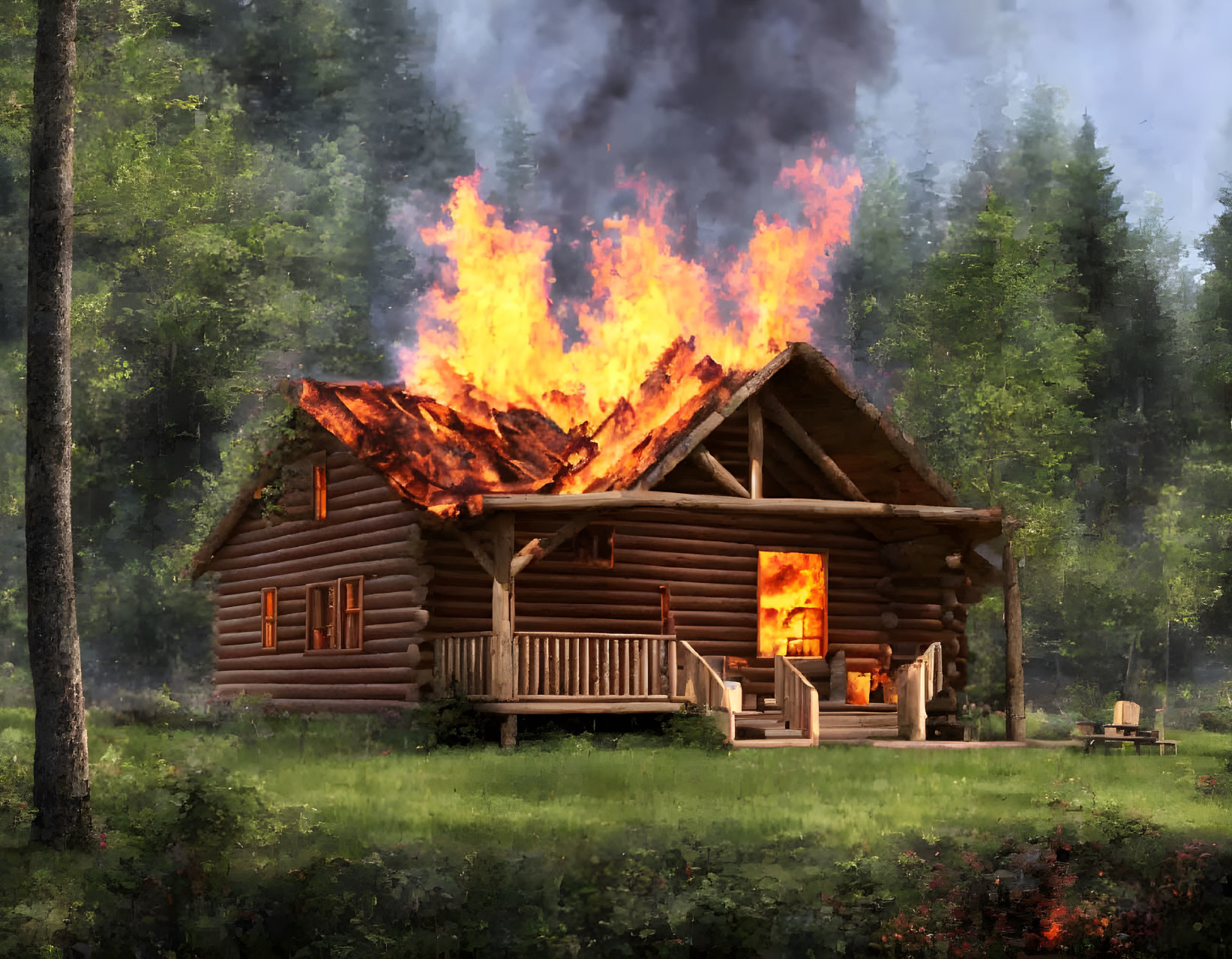 Forest log cabin engulfed in flames with dense smoke rising