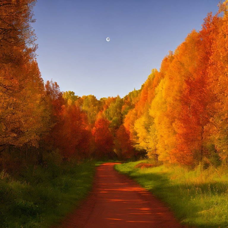 Tranquil autumn landscape with red dirt path and colorful trees
