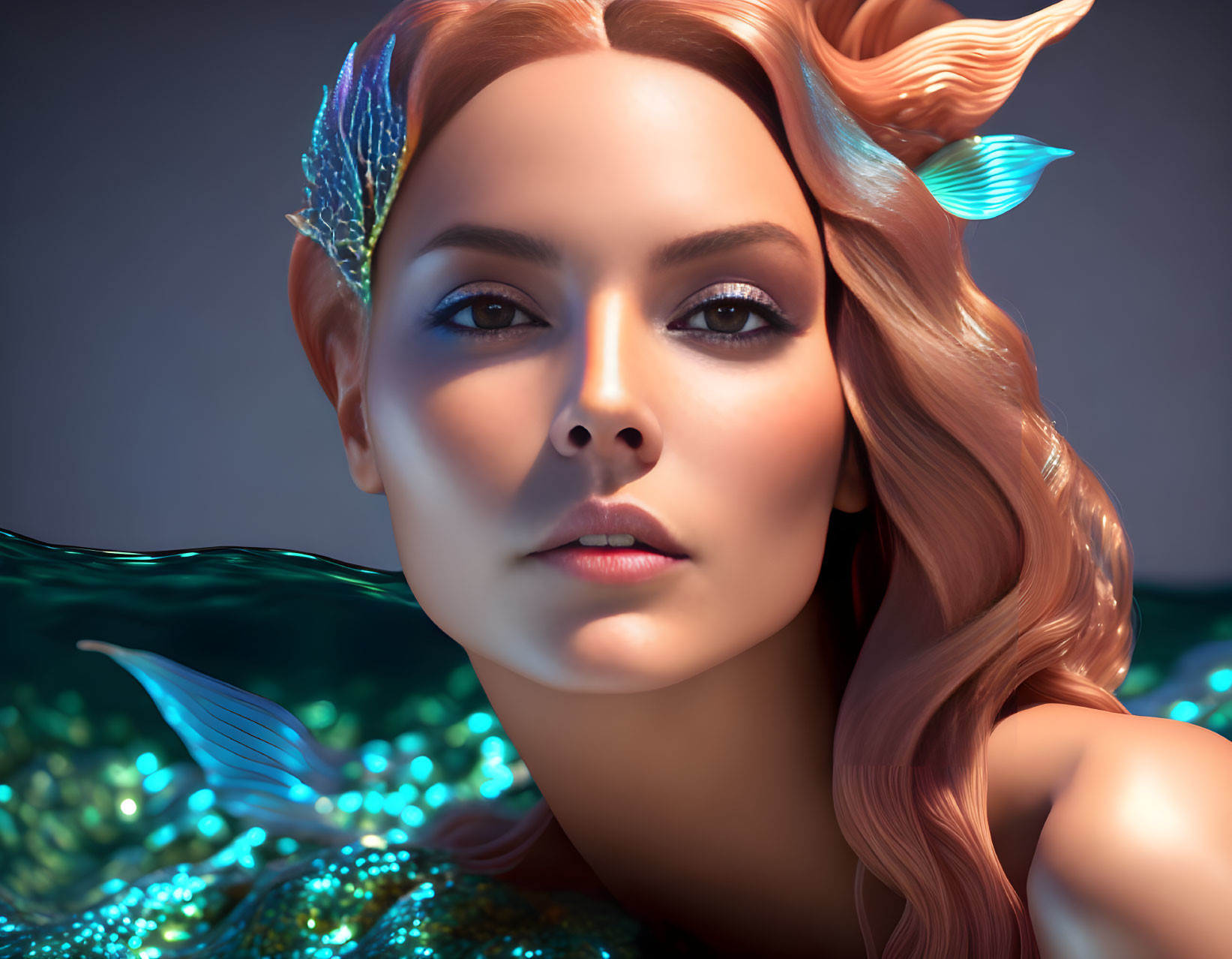 Woman with Mermaid Features Close-Up on Cool-Toned Background