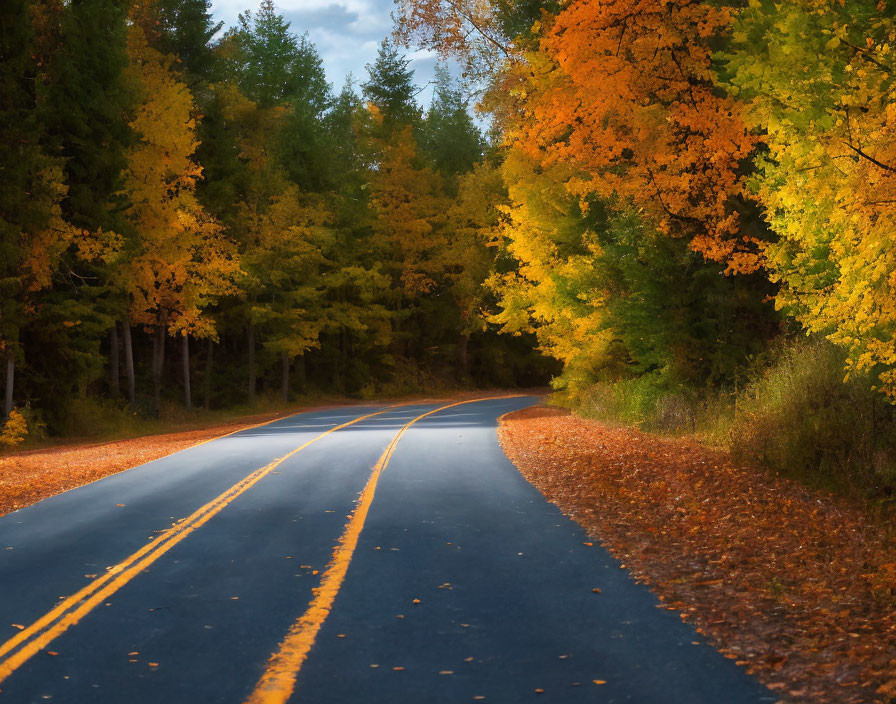 Scenic autumn road with vibrant foliage and fallen leaves