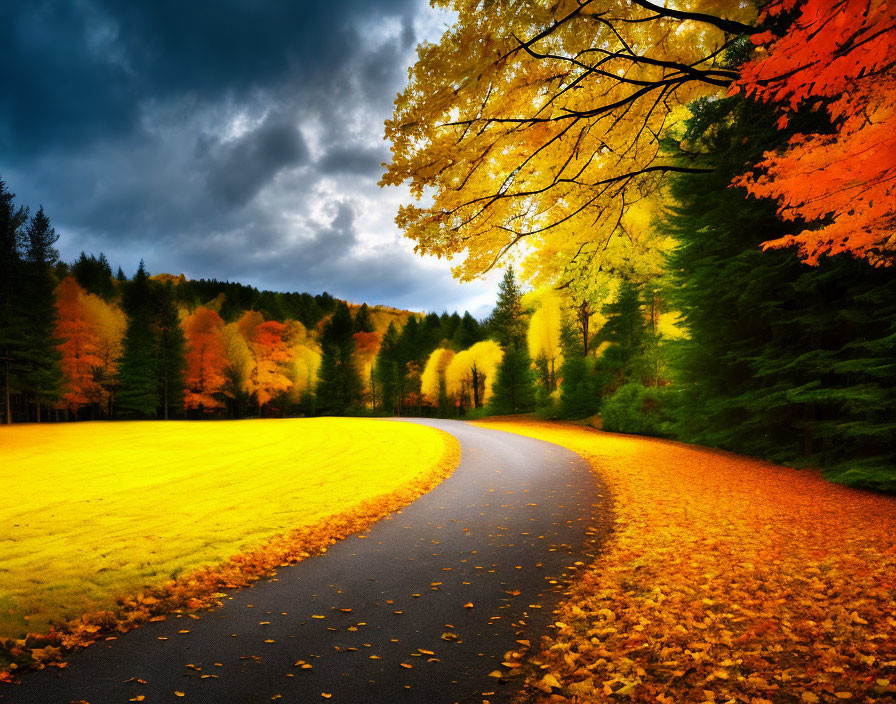Scenic autumn landscape with winding road and colorful trees