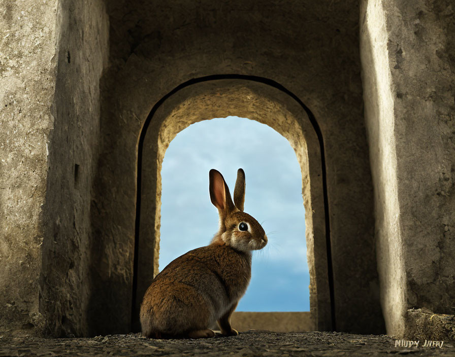 Brown rabbit in stone doorway against blue sky with clouds