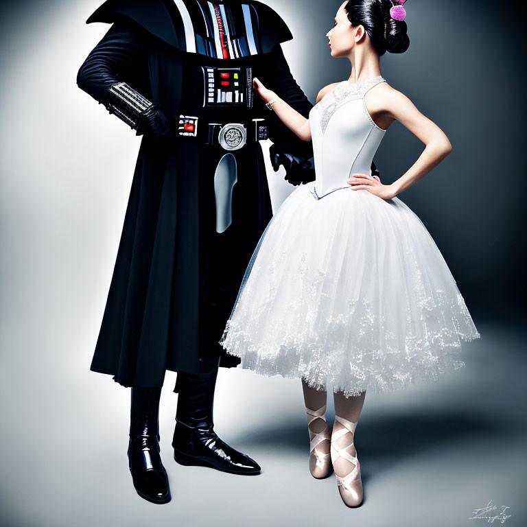 Darth Vader and ballerina in contrasting costumes on grey backdrop