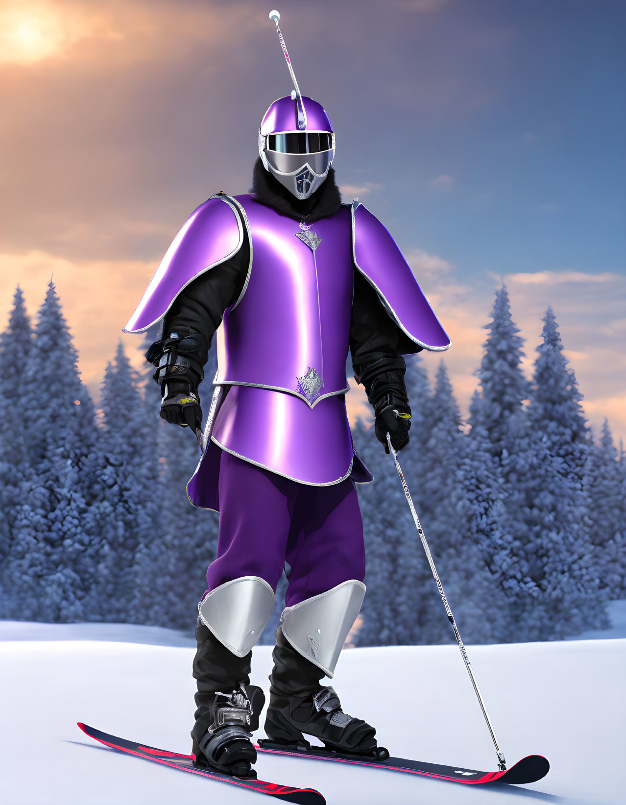 Purple-armored knight skiing on snowy hillside at twilight