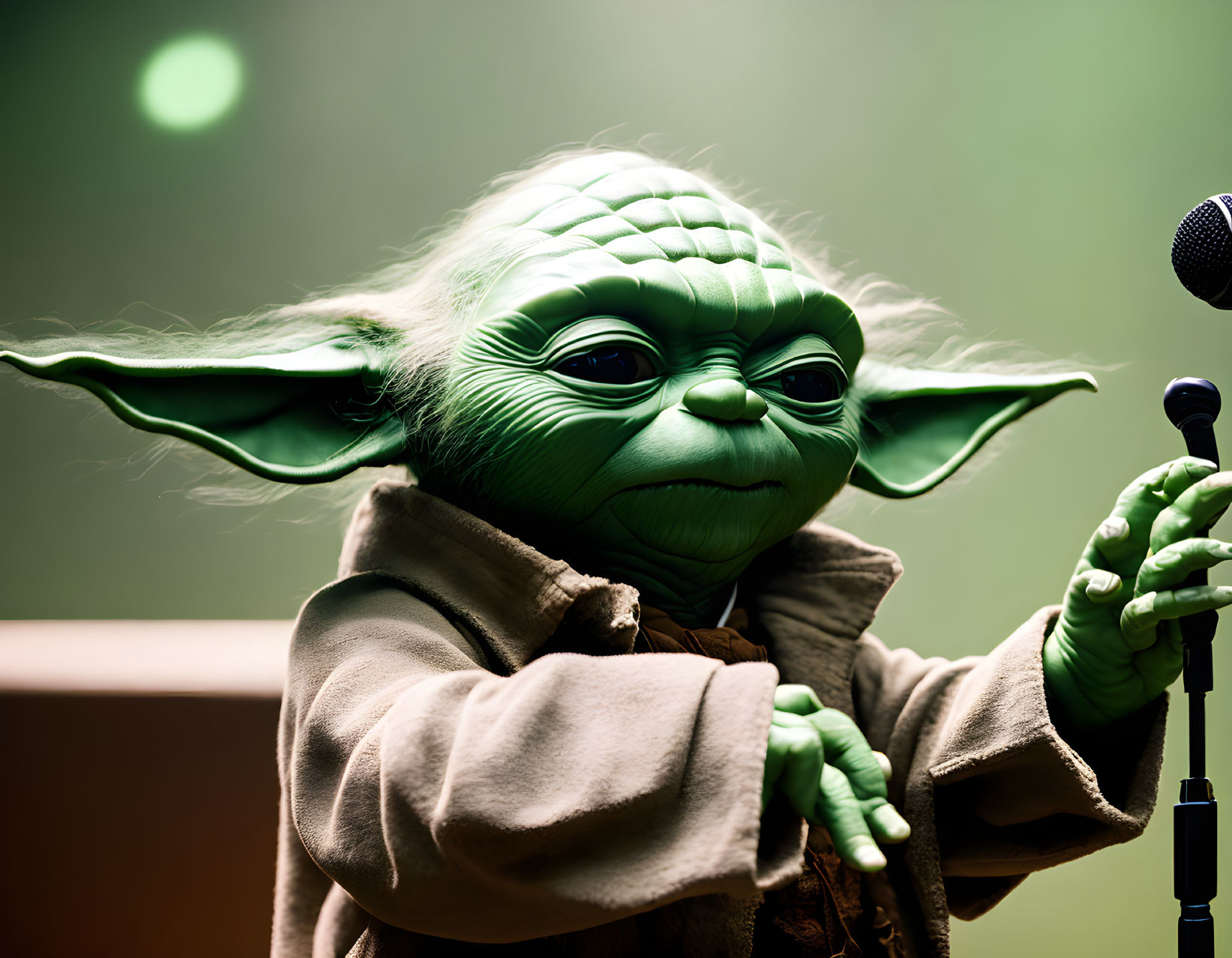 Green background figure resembling Yoda at microphone