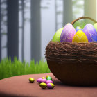 Decorated Easter eggs in wicker basket on wooden surface with misty forest background