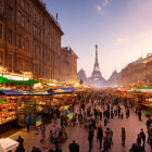 Vibrant outdoor market with Eiffel Tower at twilight