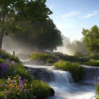 Tranquil waterfall surrounded by greenery and purple flowers