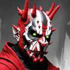 Red and White Demon Mask Figure in Cloak on Misty Gray Background
