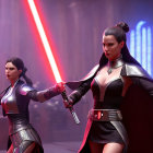 Sci-fi female characters in dark combat attire with red lightsabers