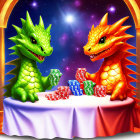 Colorful Cartoon Dragons with Poker Chips in Arch Frame