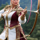 Fantasy archer in golden-trimmed outfit aims arrow in misty forest