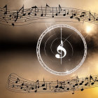 Musical notes and clef on golden background with lights