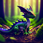 Fantasy dragon in mystical forest with sunlight filtering.